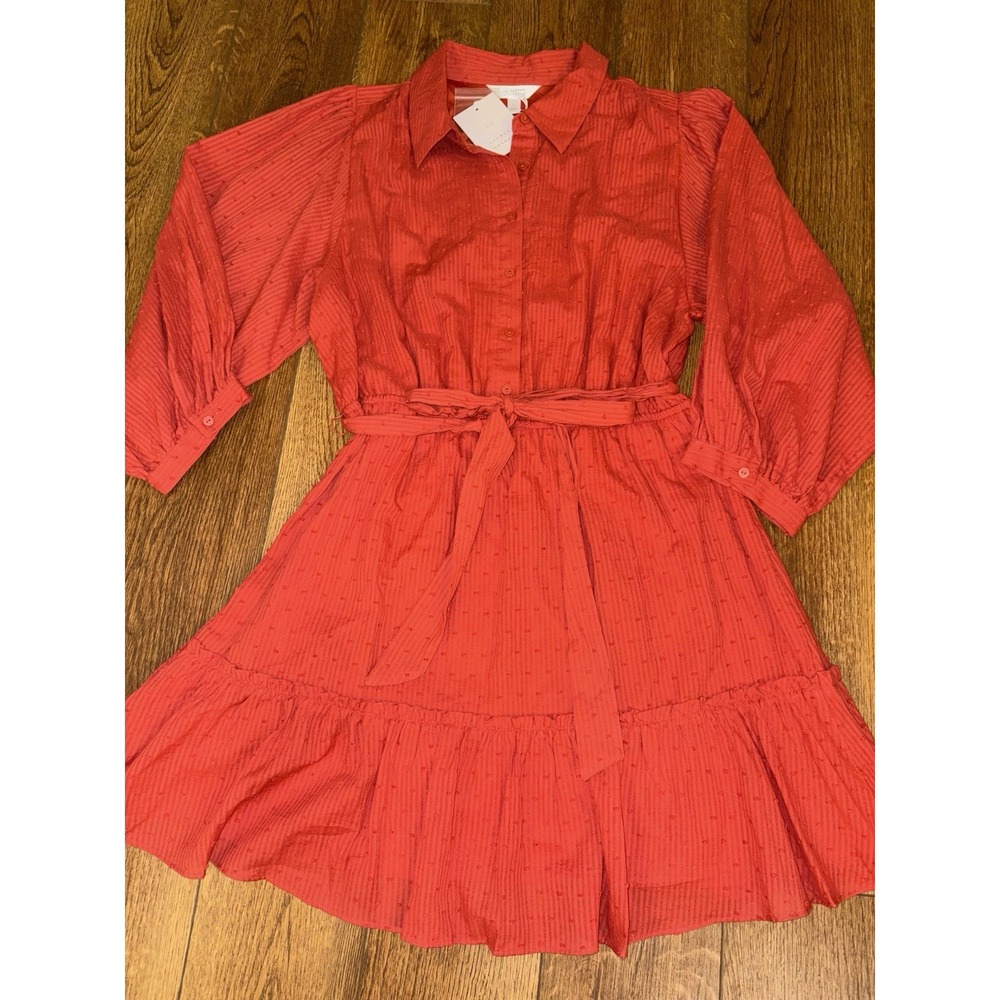 NWT LC Lauren Conrad Womens Pintuck Belted Fit Flare Dress Burnt Orange Red L